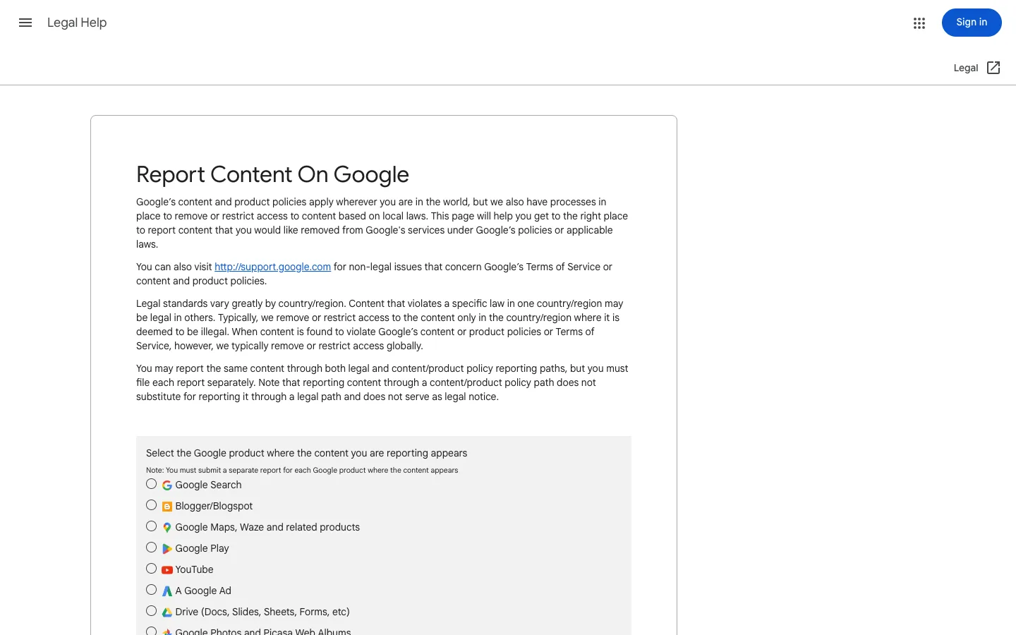 Google's Report Content On Google troubleshooter with a radio list of products including Google Search, Blogger/Blogspot, Google Maps, Google Play, and YouTube