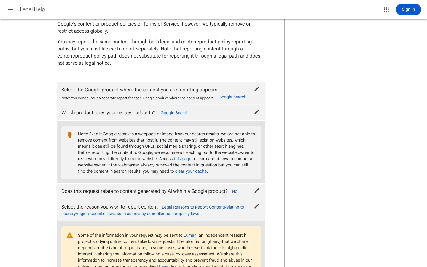 The troubleshooter showing the AI-generated content question answered No and the Legal Reasons to Report Content option selected