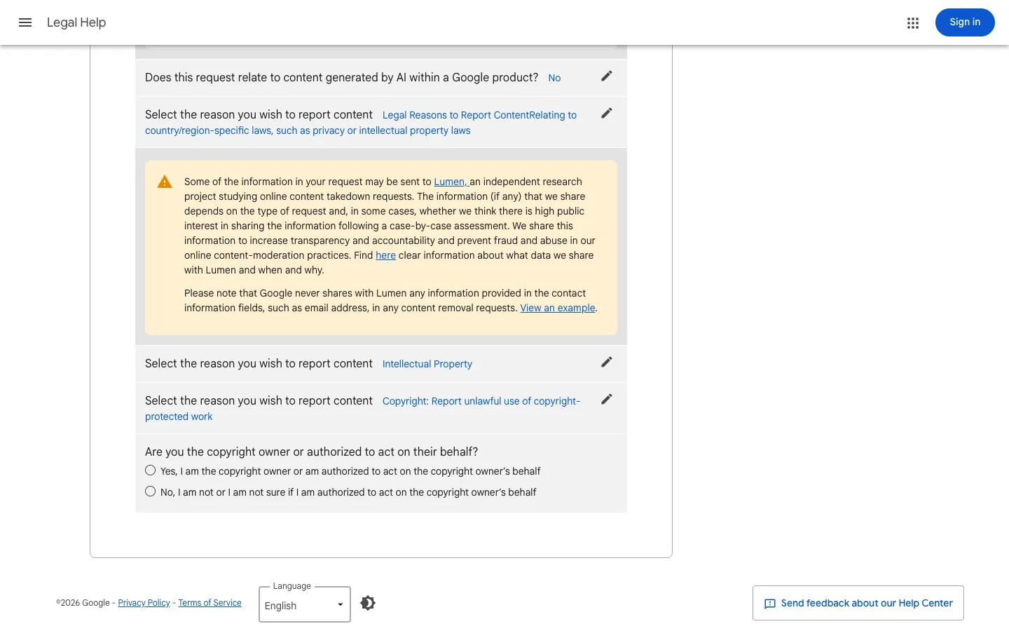 The Intellectual Property category with Copyright: Report unlawful use of copyright-protected work selected, and the copyright owner question below
