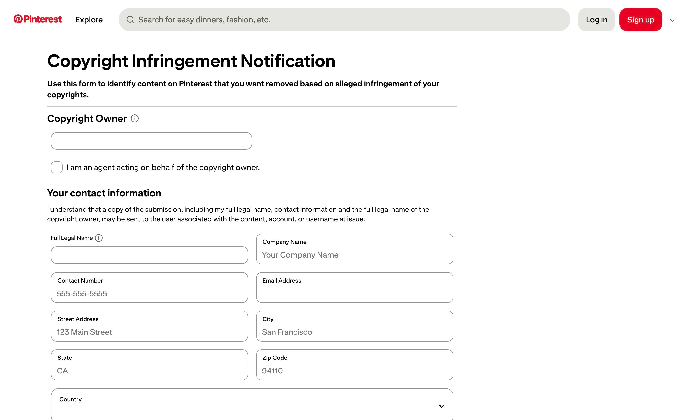 Pinterest's Copyright Infringement Notification form, showing the Copyright Owner field, the "I am an agent" checkbox, and the contact information fields