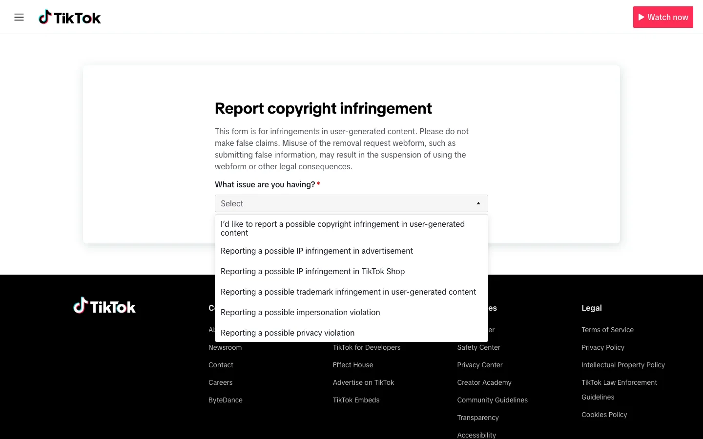 The What issue are you having? dropdown expanded, listing the copyright infringement in user-generated content option alongside trademark, impersonation, and privacy options