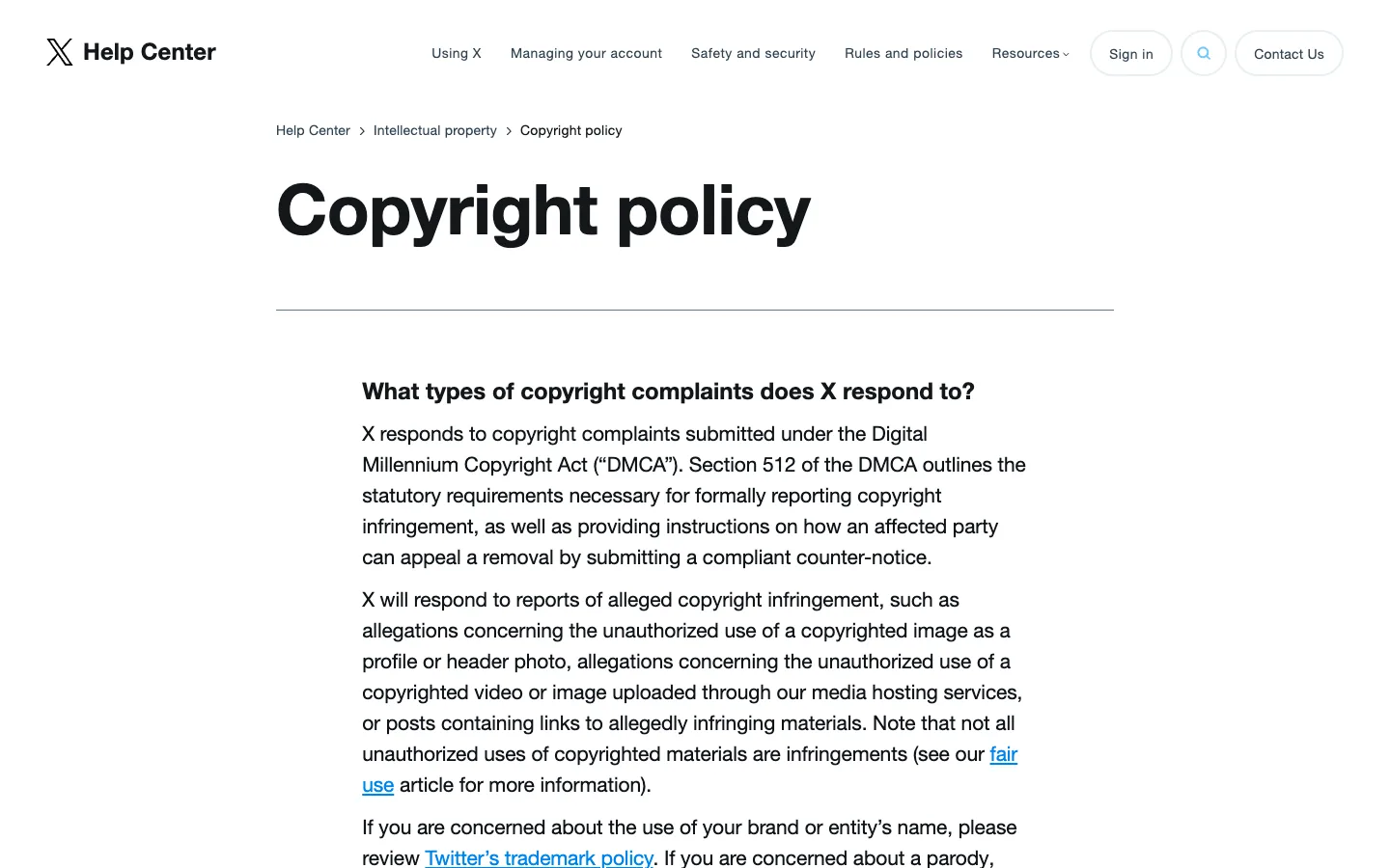 X copyright policy page explaining what types of copyright complaints X responds to