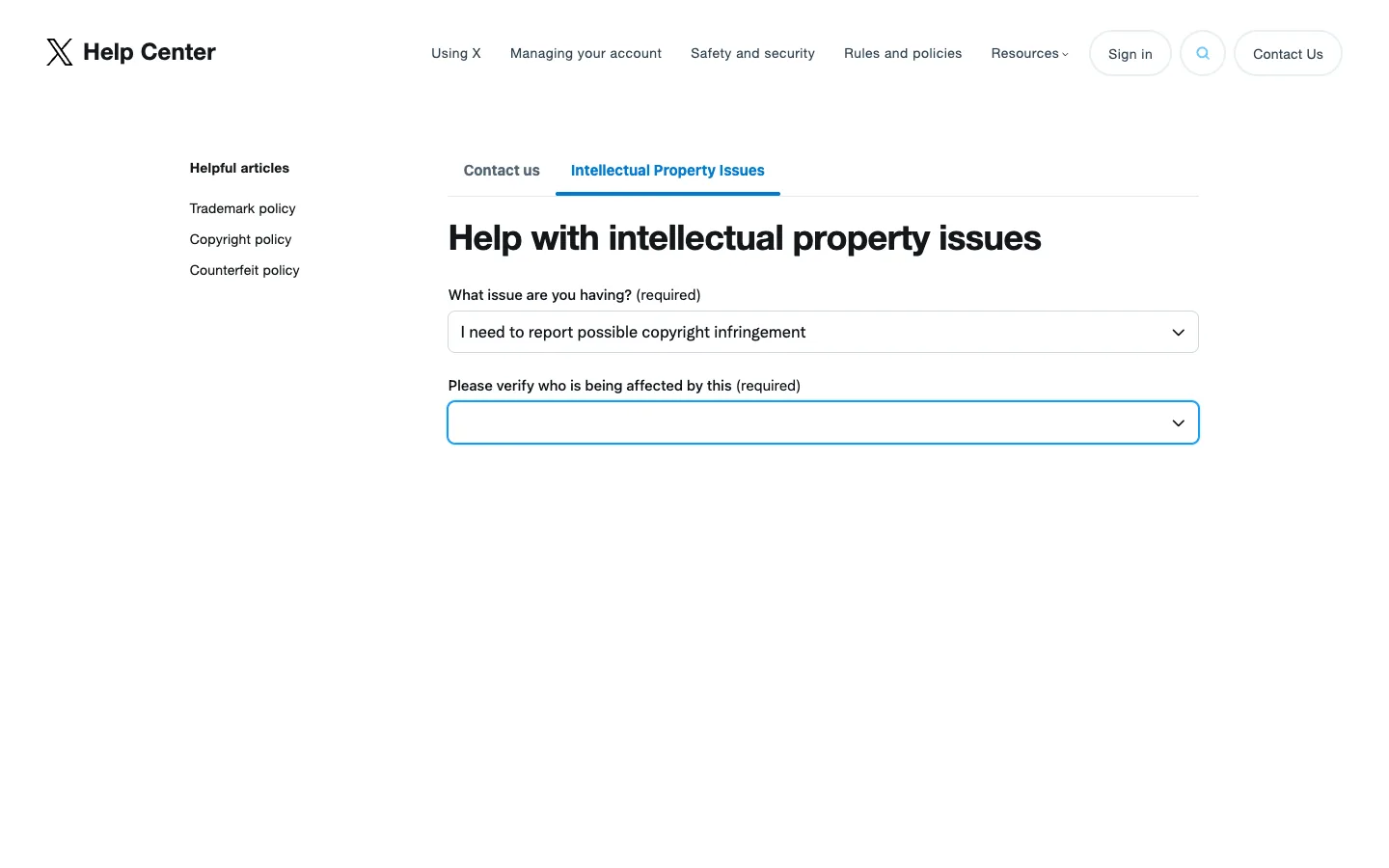 The X form with "I need to report possible copyright infringement" selected and the "Please verify who is being affected by this" dropdown displayed