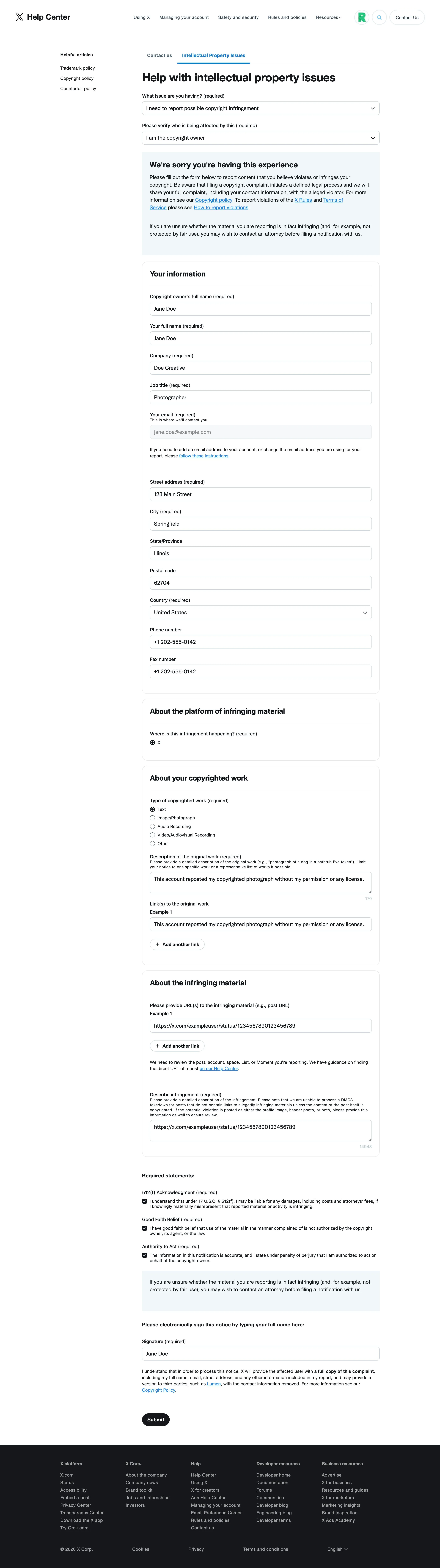The completed X copyright report form showing the contact details, the links to the reported posts, the three sworn-statement checkboxes ticked, and the electronic signature field